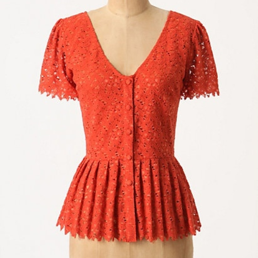 Anthropologie Burnt Orange Lace Peplum Blouse